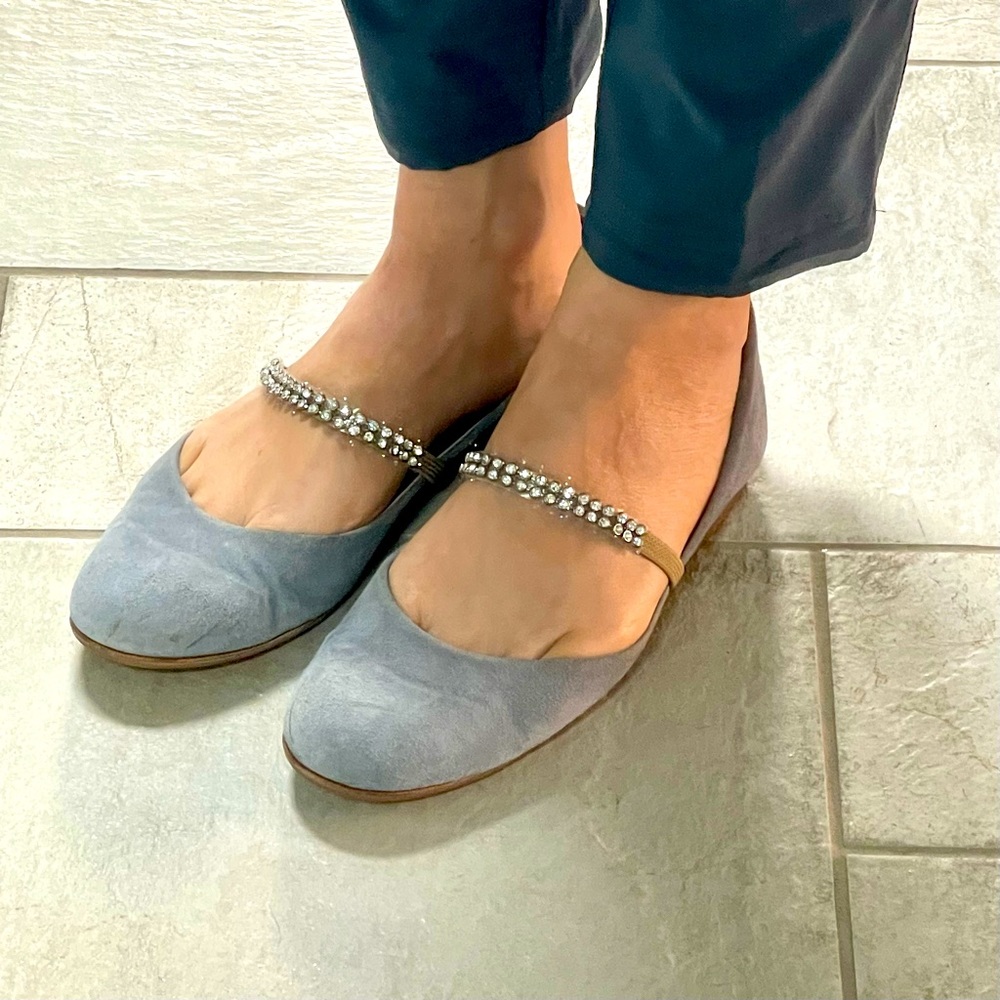 Made in Italy Blue Suede Rhinestone Ballet Flats 37